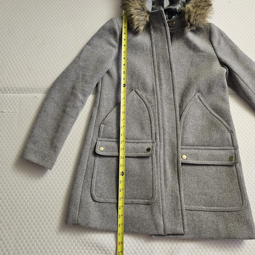 J.CREW Gray Hooded Coat with Faux Fur Trim - Size 2 - Picture 10 of 12